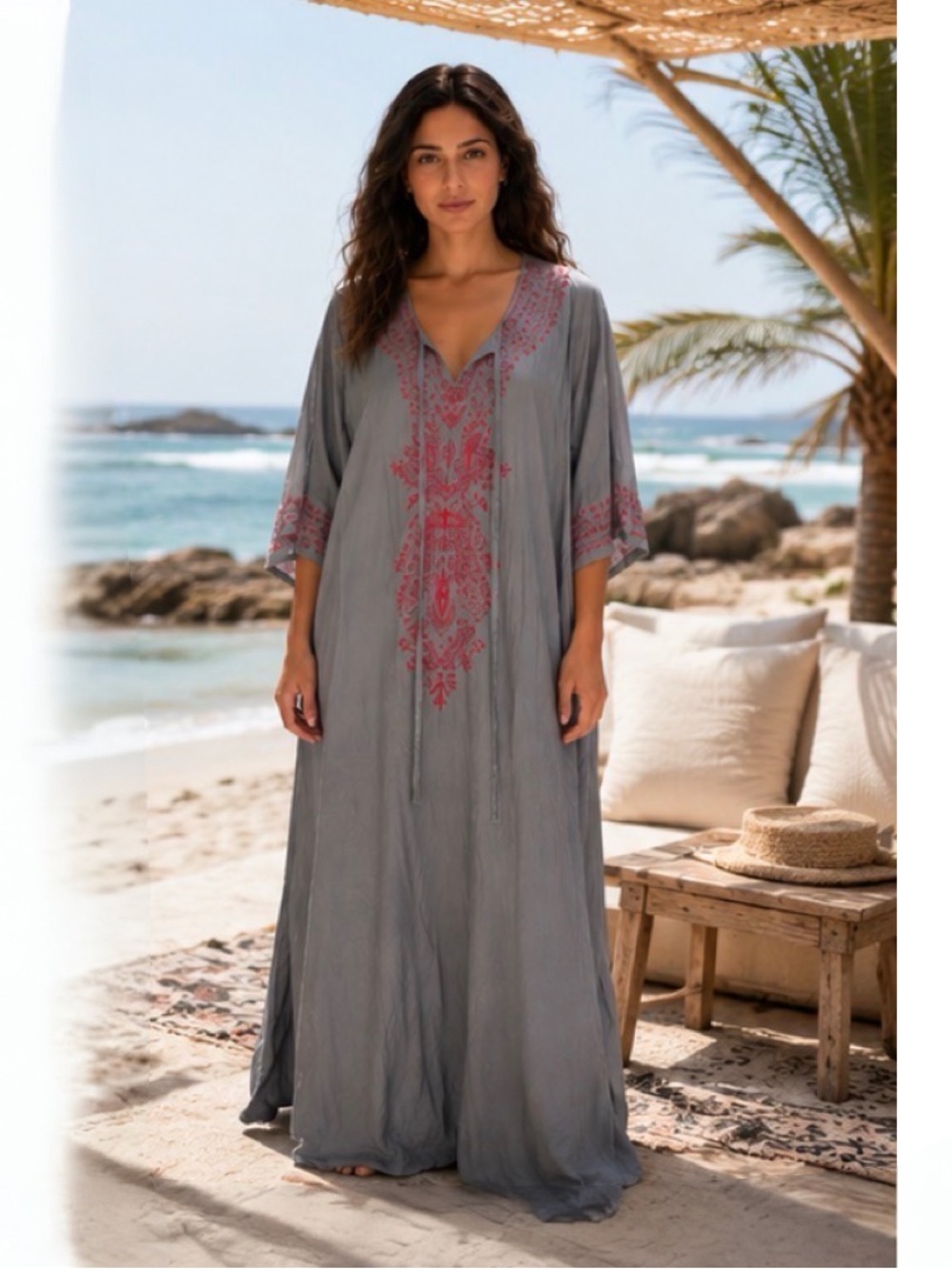 Boutique Boho Embroidered Kaftan Maxi Dress Gray Red V-Neck OS No Tags
